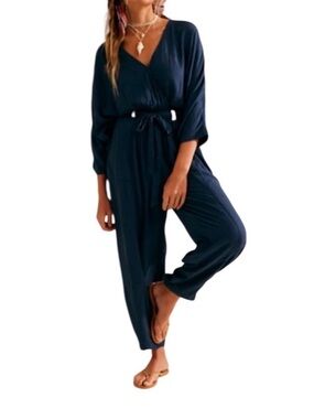 Free People Women’s Navy V-Neck Jumpsuit with Tie Waist
